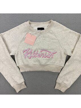 Kittenish Heather Gray Cropped Sweatshirt with Pink Script Logo